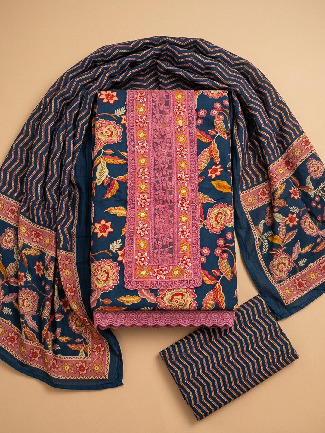 Blue Embroidery Cotton Blend Unstitched Dress Material