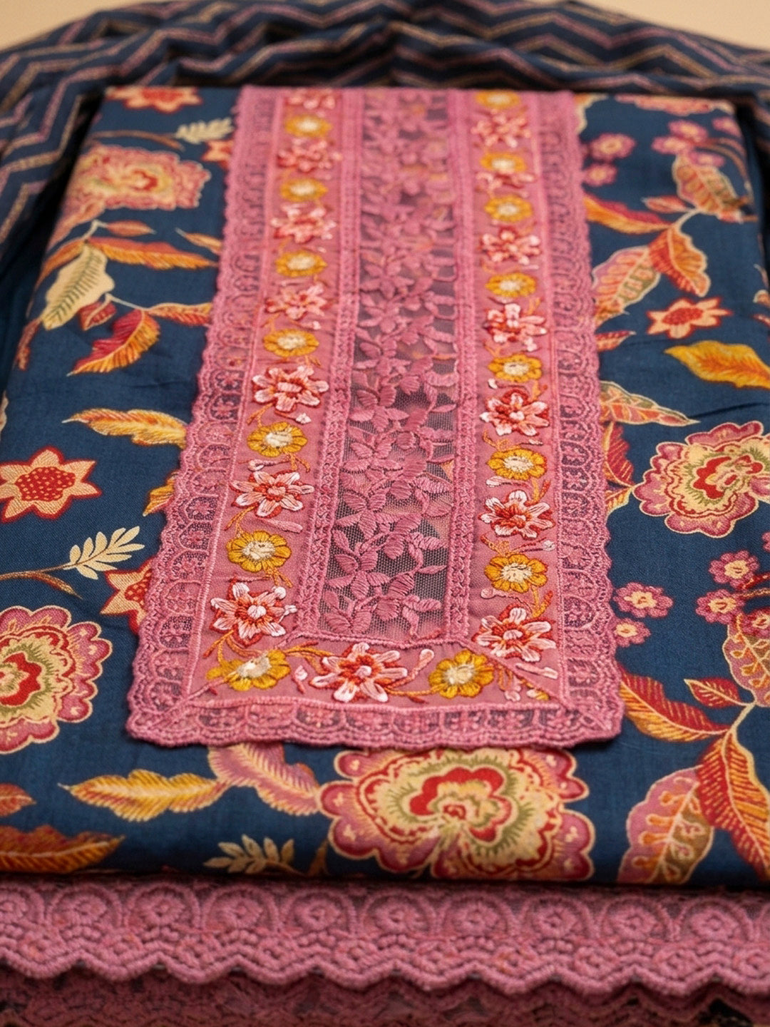 Blue Embroidery Cotton Blend Unstitched Dress Material
