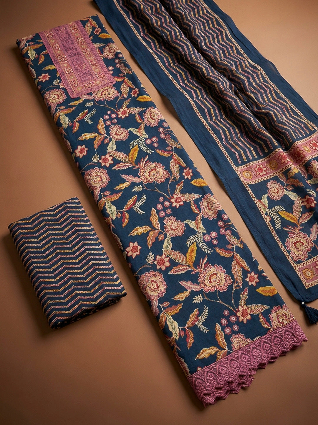 Blue Embroidery Cotton Blend Unstitched Dress Material