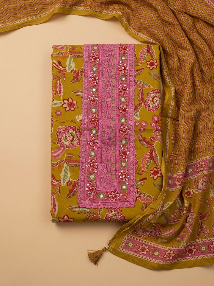 Mustard Embroidery Cotton Blend Unstitched Dress Material