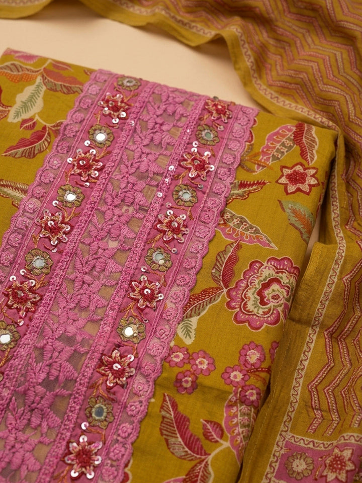 Mustard Embroidery Cotton Blend Unstitched Dress Material