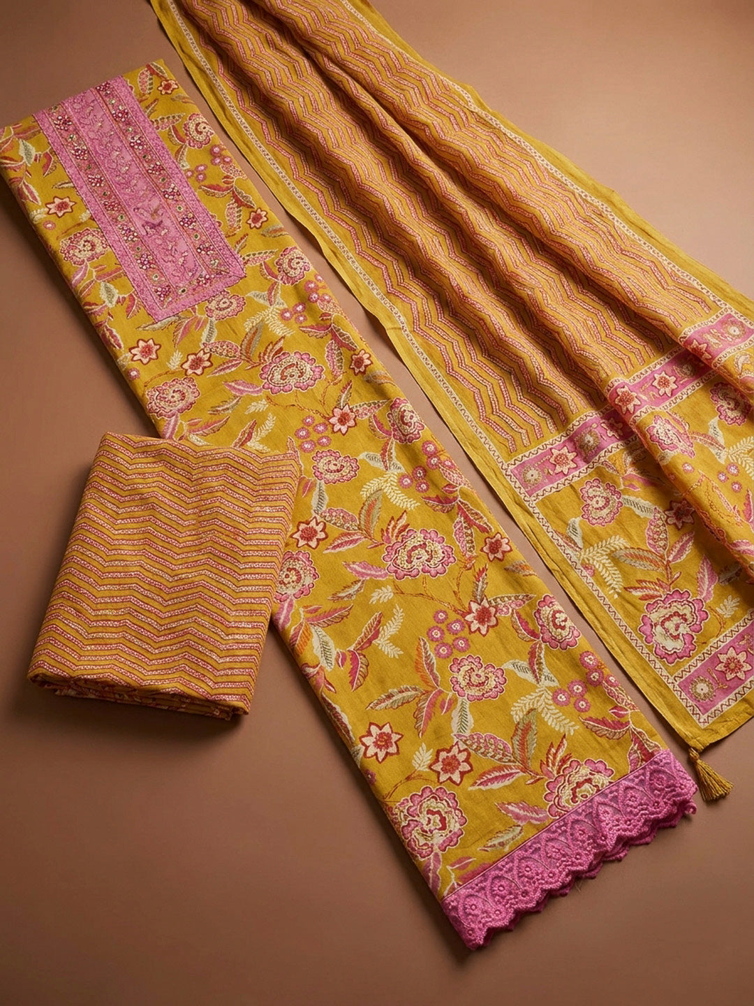 Mustard Embroidery Cotton Blend Unstitched Dress Material
