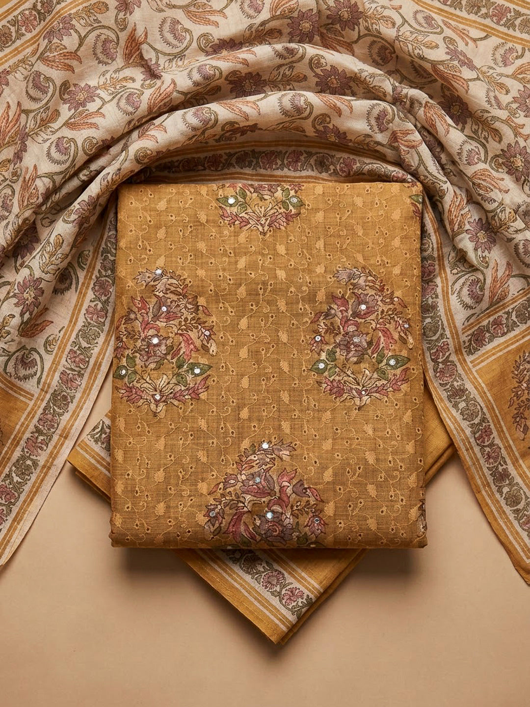 Mustard Chanderi Printed Unstitched Dress Material