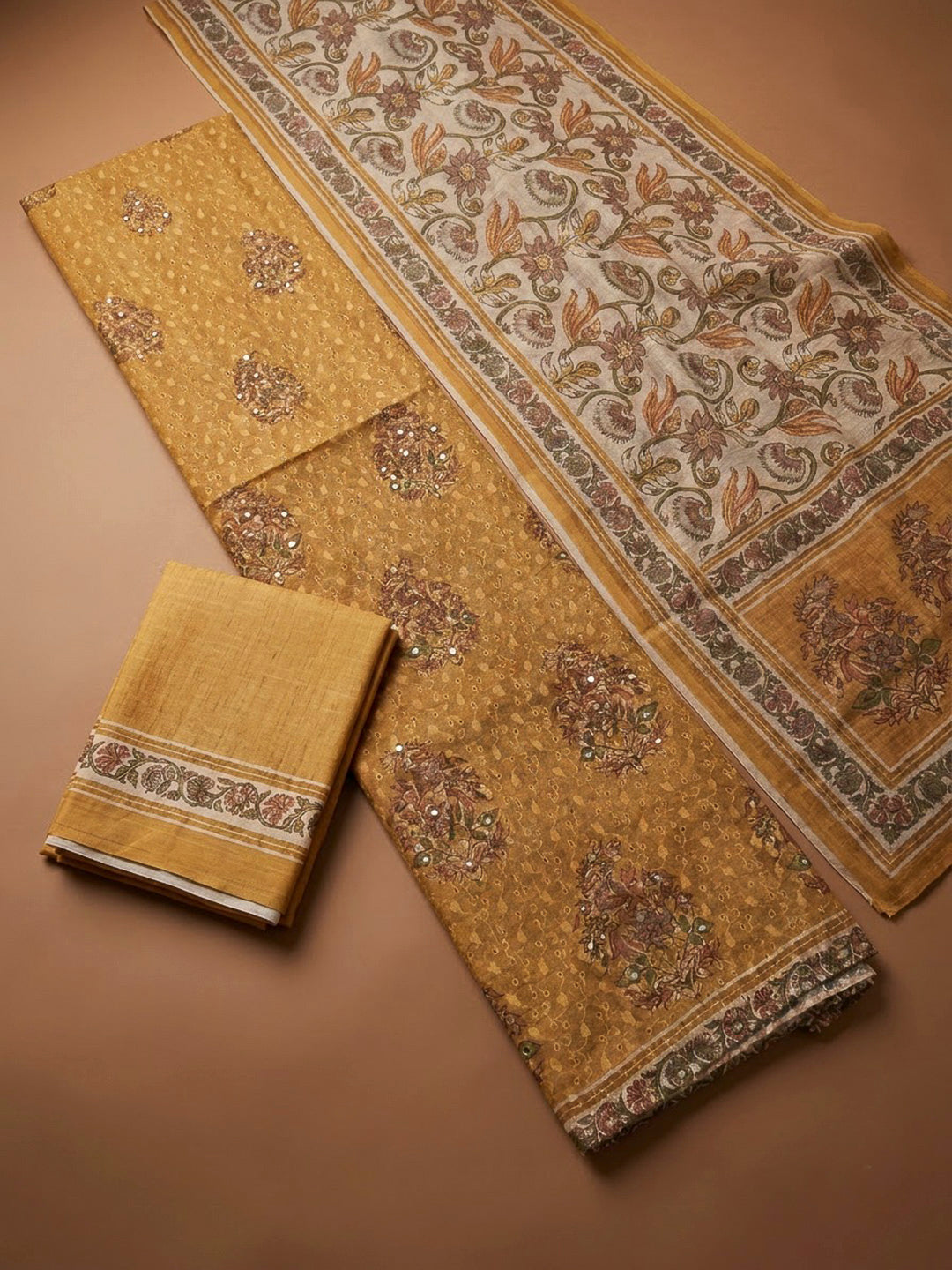 Mustard Chanderi Printed Unstitched Dress Material