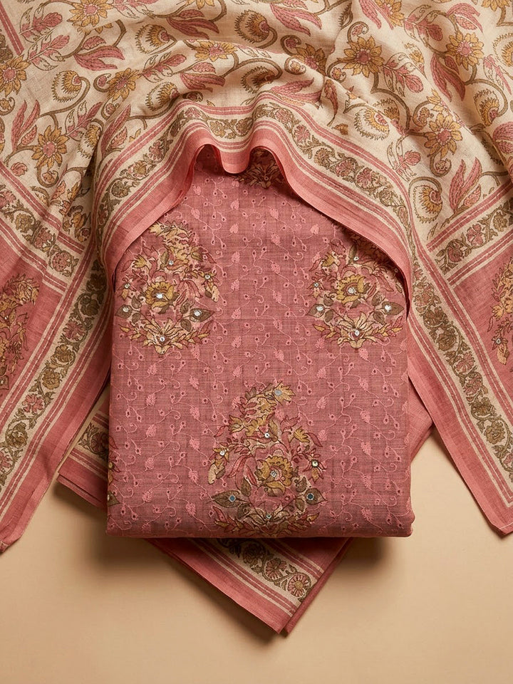 Onion Pink Chanderi Printed Unstitched Dress Material