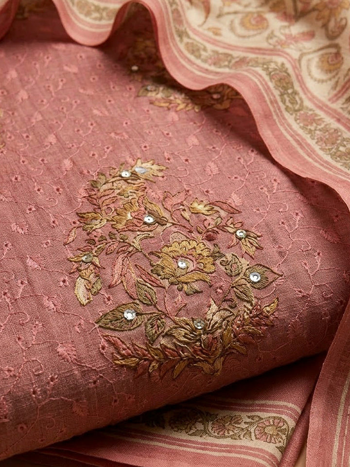 Onion Pink Chanderi Printed Unstitched Dress Material