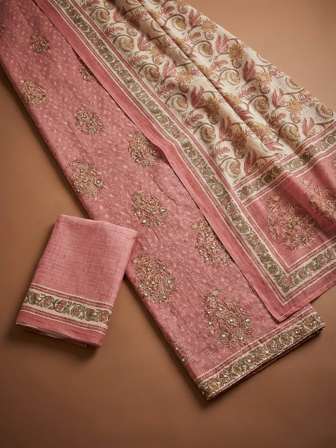 Onion Pink Chanderi Printed Unstitched Dress Material