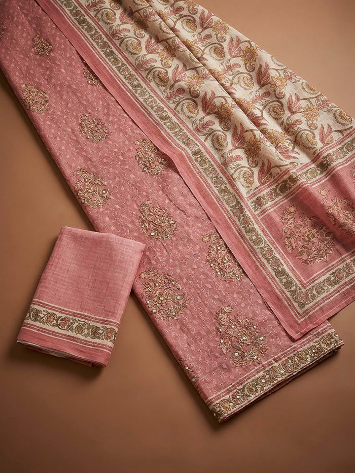 Onion Pink Chanderi Printed Unstitched Dress Material