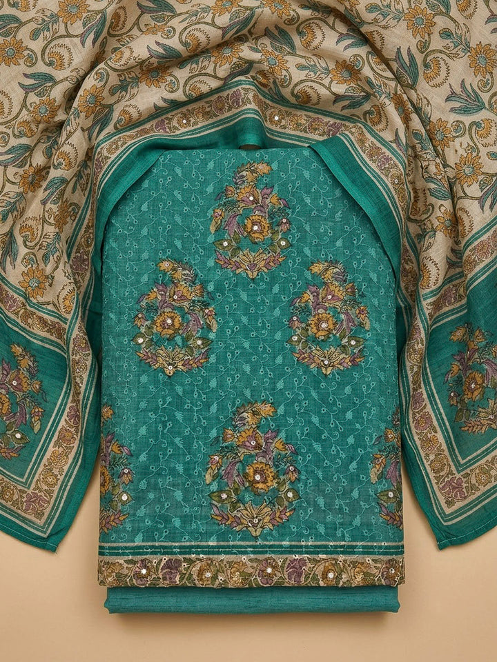 Rama Green Chanderi Printed Unstitched Dress Material