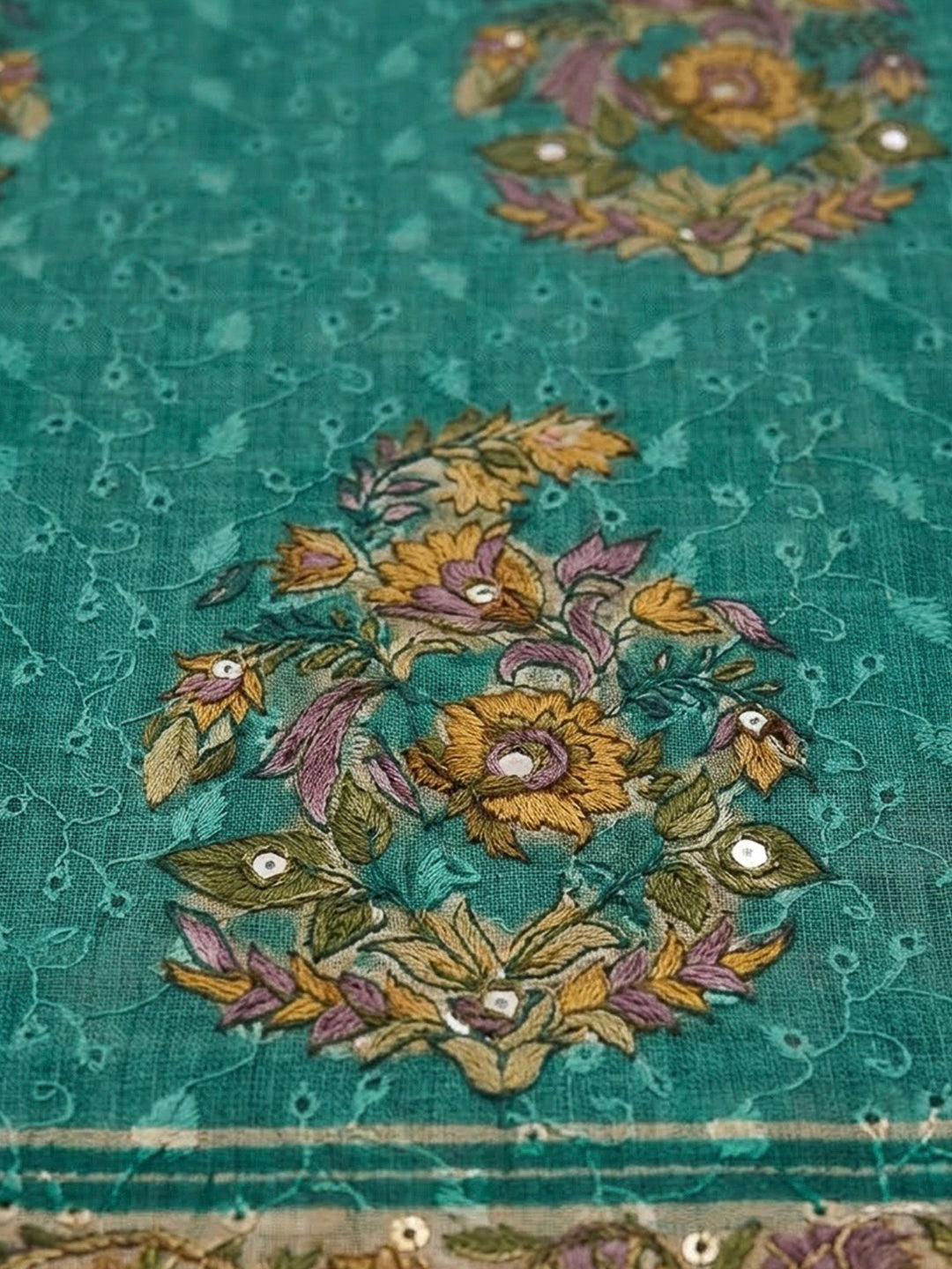 Rama Green Chanderi Printed Unstitched Dress Material