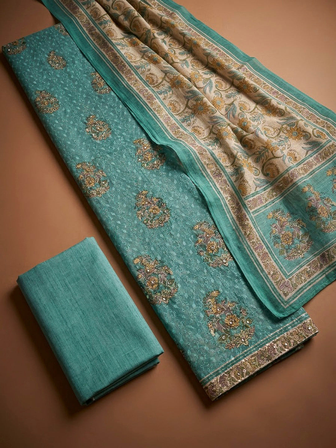 Rama Green Chanderi Printed Unstitched Dress Material