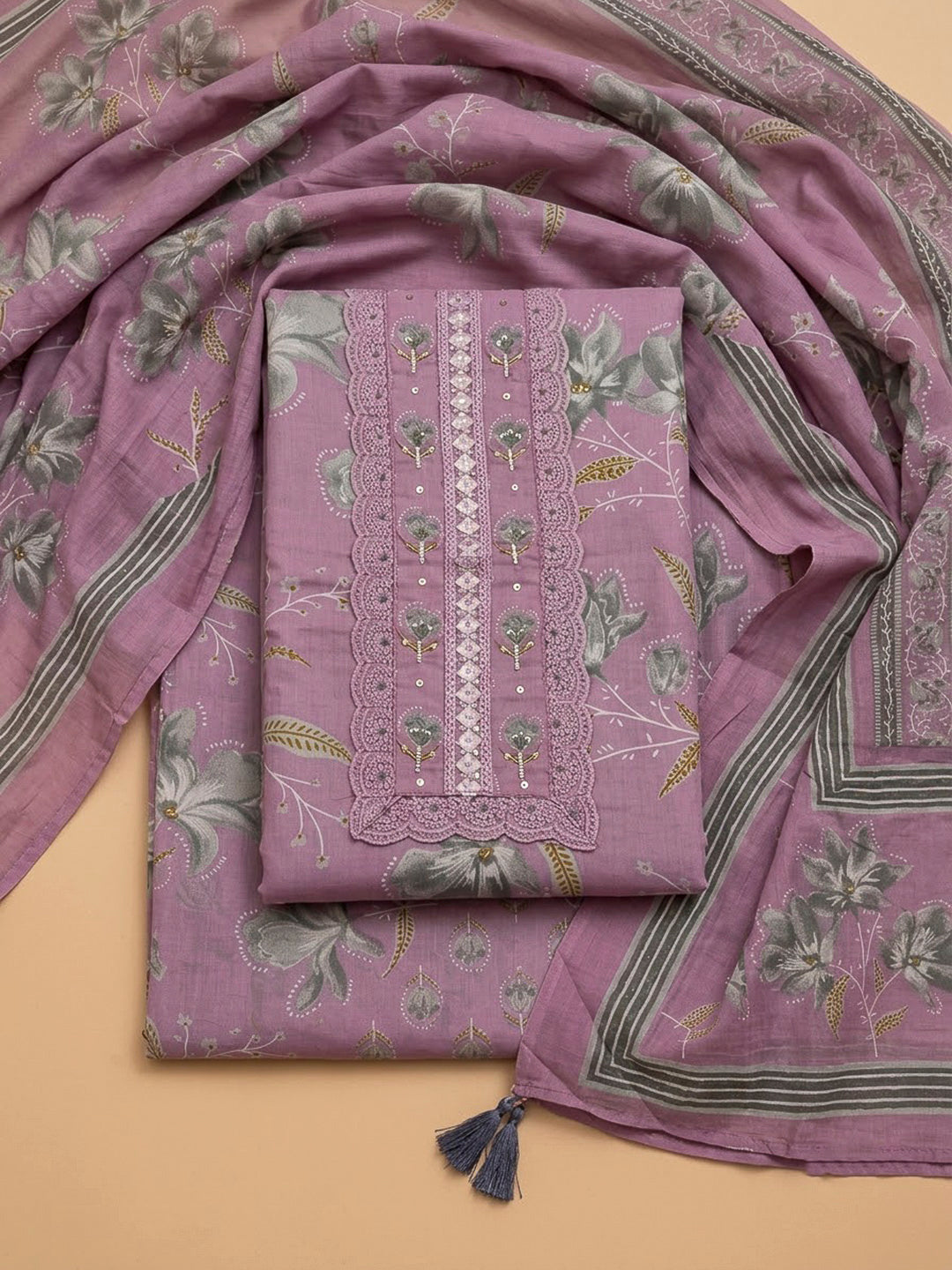 Lavender Cotton Blend Printed Unstitched Dress Material