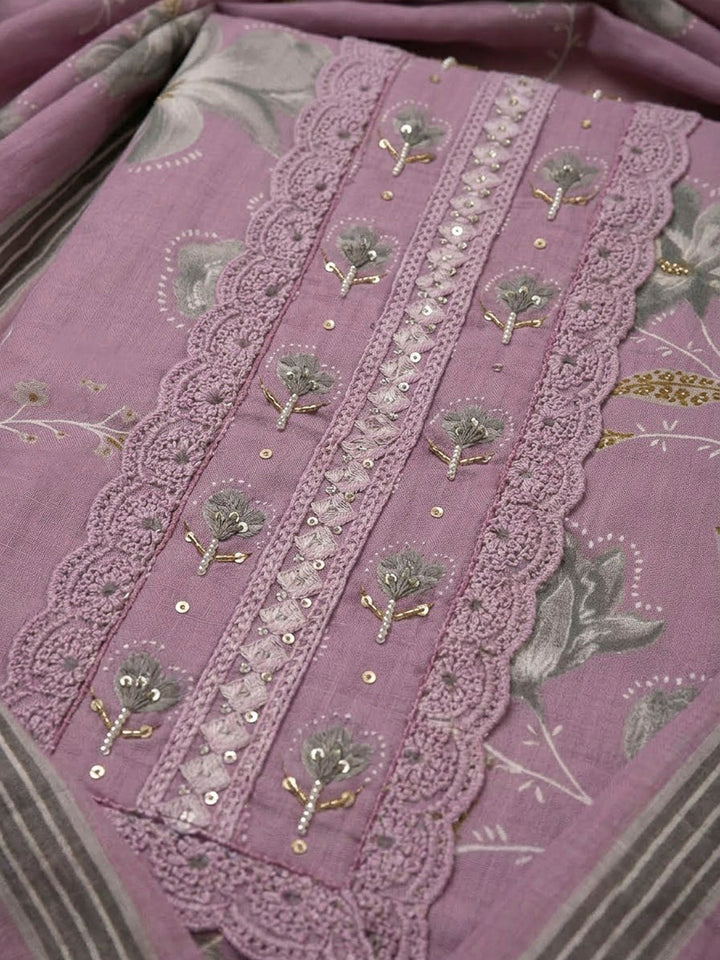 Lavender Cotton Blend Printed Unstitched Dress Material