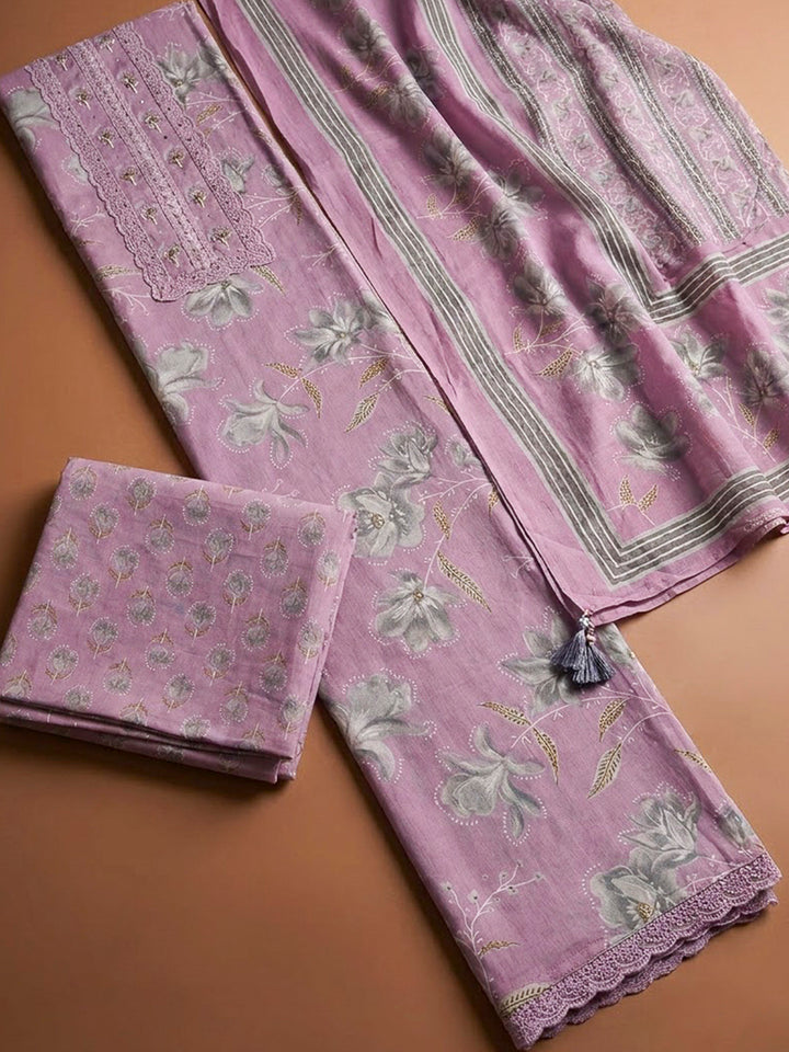 Lavender Cotton Blend Printed Unstitched Dress Material