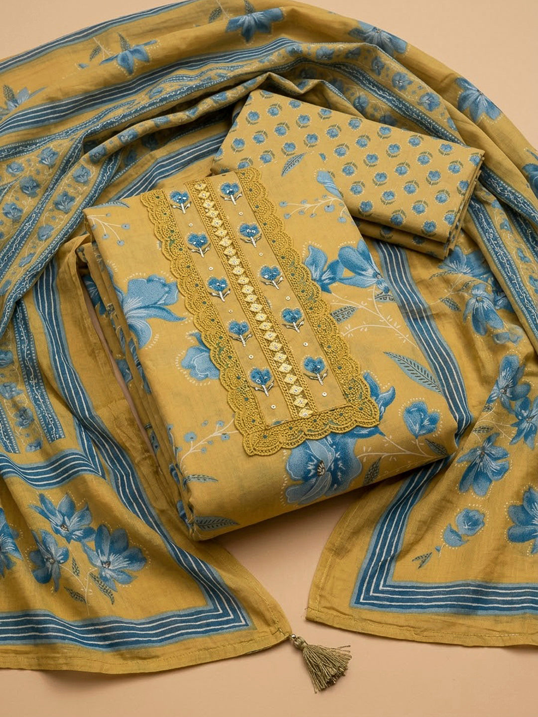 Mustard Cotton Blend Printed Unstitched Dress Material