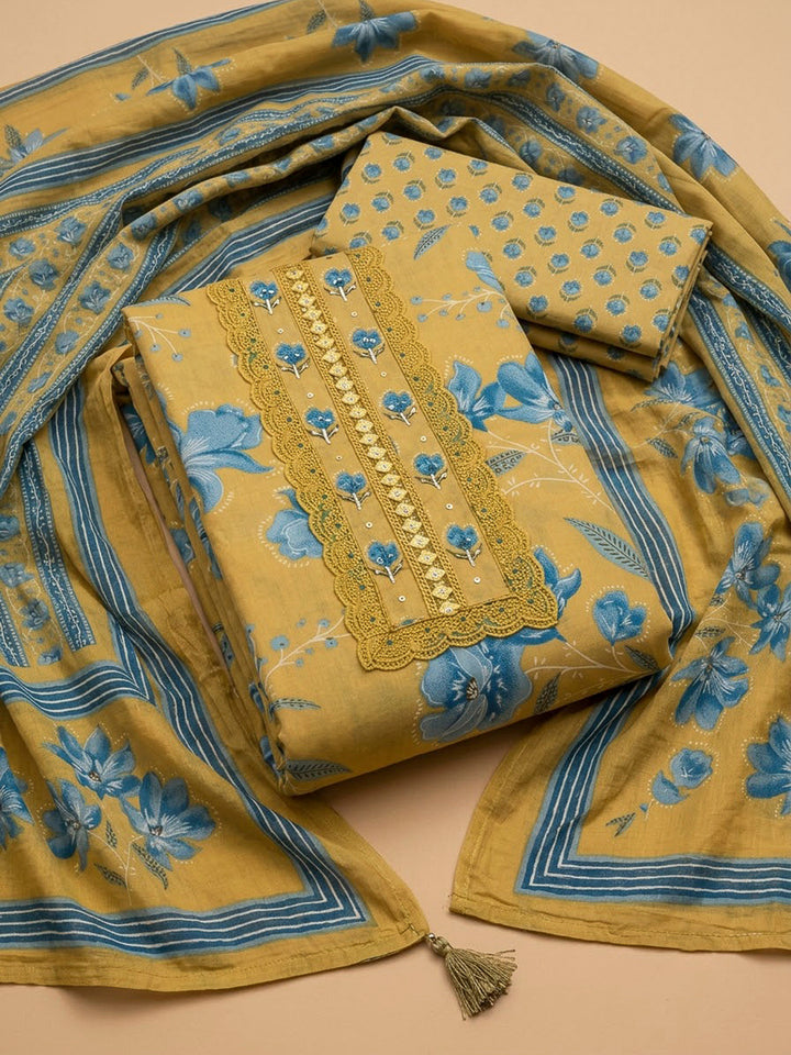 Mustard Cotton Blend Printed Unstitched Dress Material