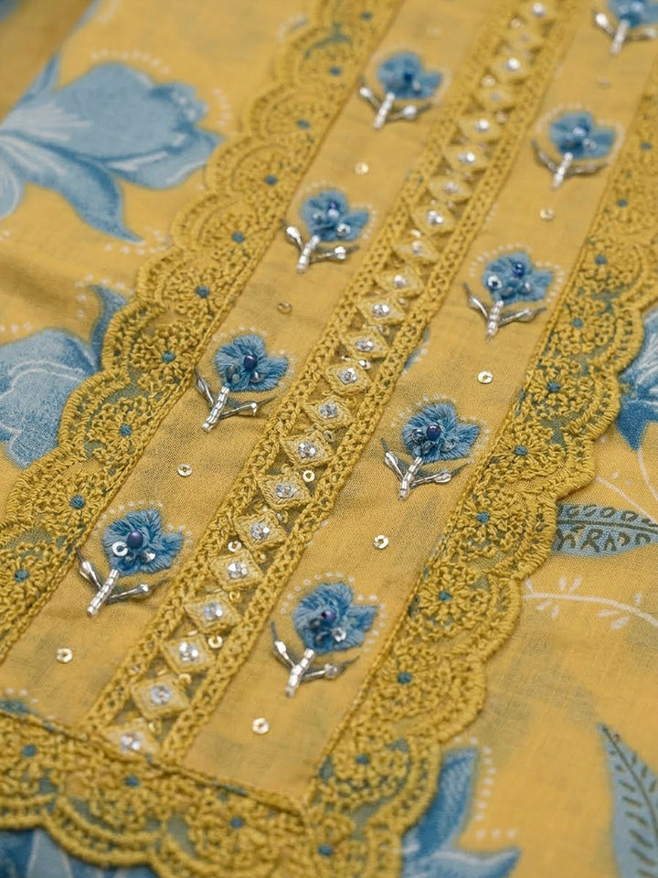 Mustard Cotton Blend Printed Unstitched Dress Material
