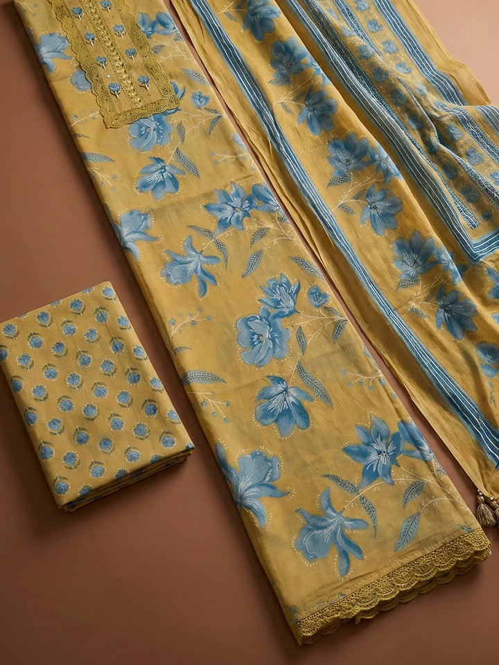 Mustard Cotton Blend Printed Unstitched Dress Material