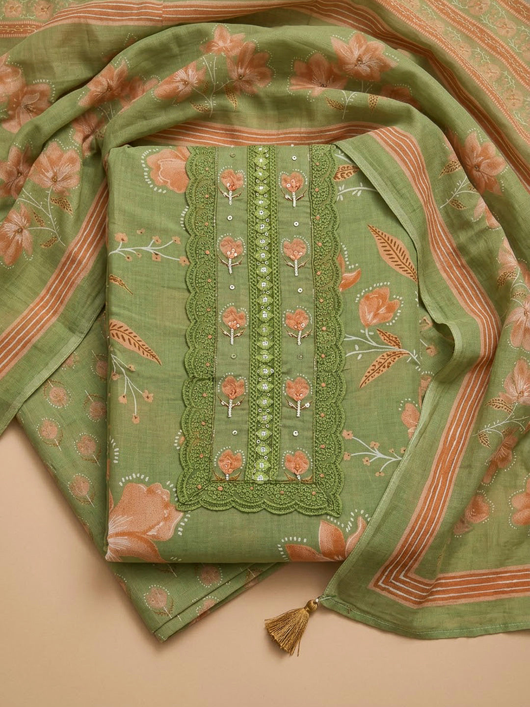 Pista Green Cotton Blend Printed Unstitched Dress Material