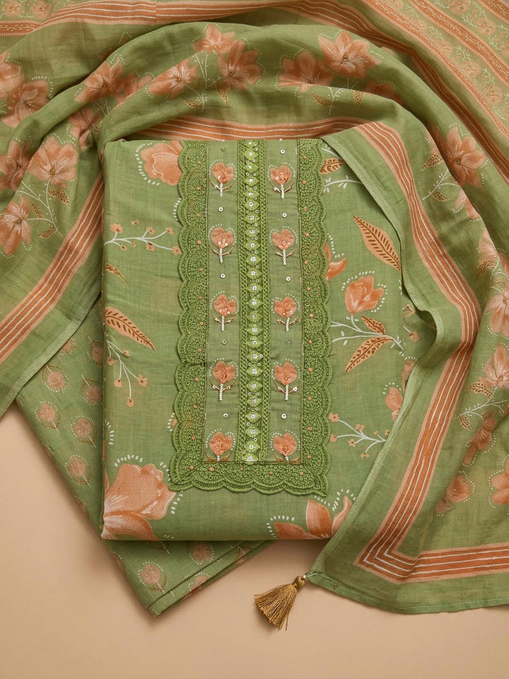 Pista Green Cotton Blend Printed Unstitched Dress Material