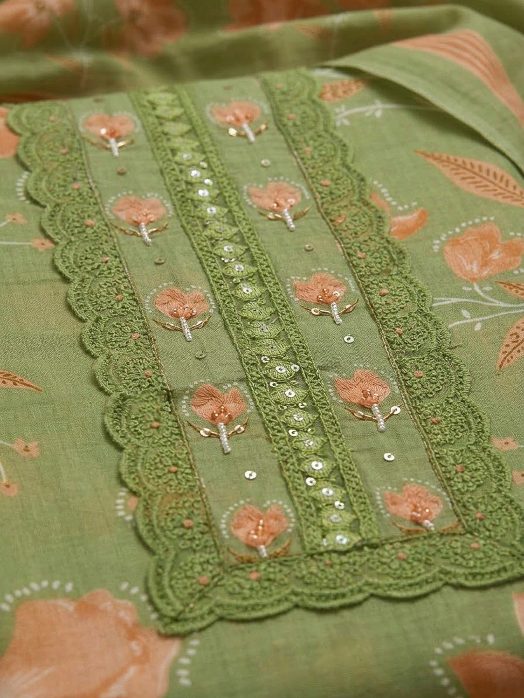 Pista Green Cotton Blend Printed Unstitched Dress Material