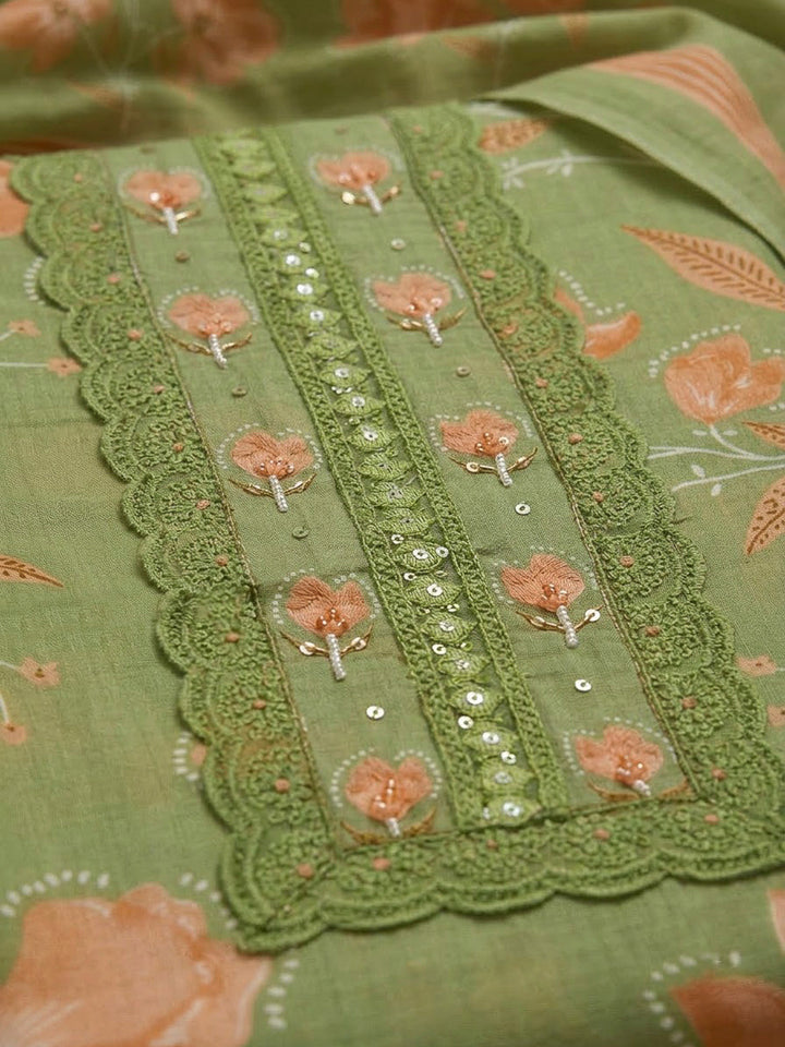 Pista Green Cotton Blend Printed Unstitched Dress Material