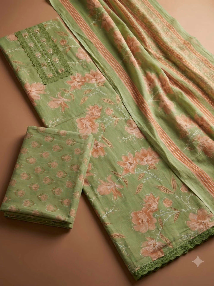 Pista Green Cotton Blend Printed Unstitched Dress Material
