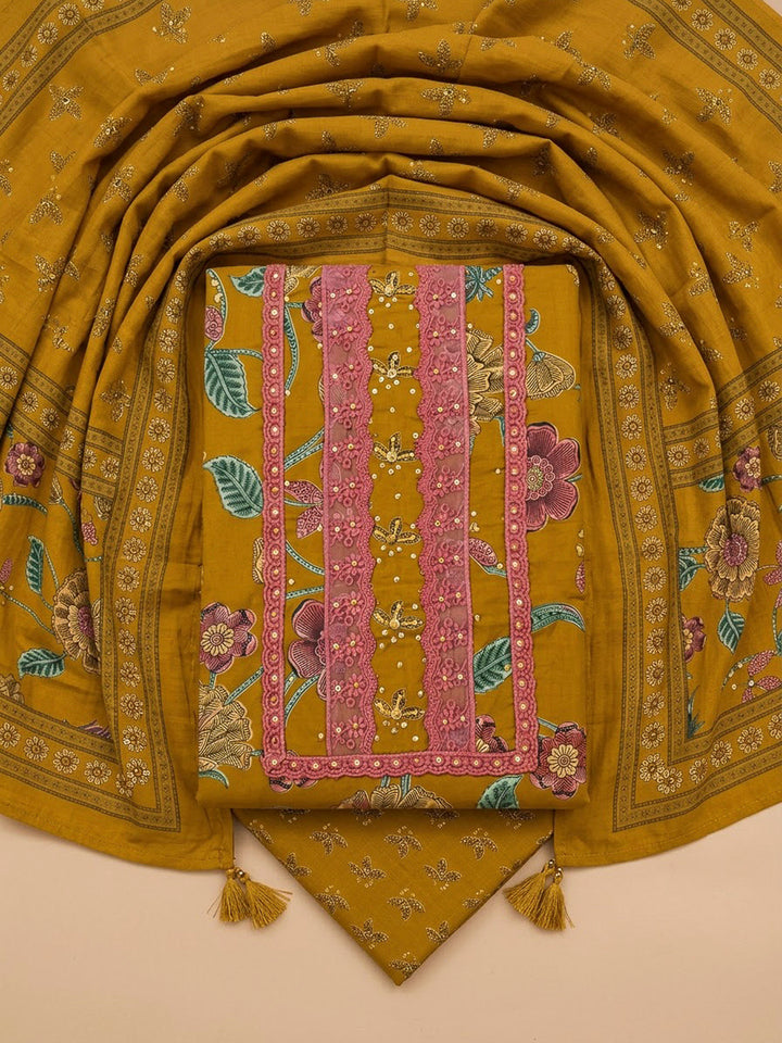Mustard Cotton Blend Embroidered Unstitched Dress Material