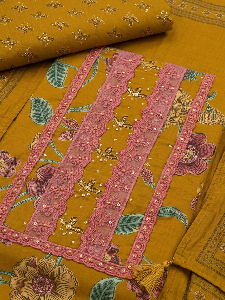 Mustard Cotton Blend Embroidered Unstitched Dress Material