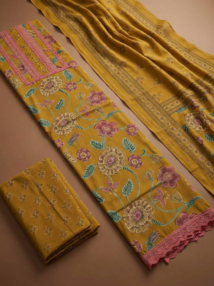 Mustard Cotton Blend Embroidered Unstitched Dress Material