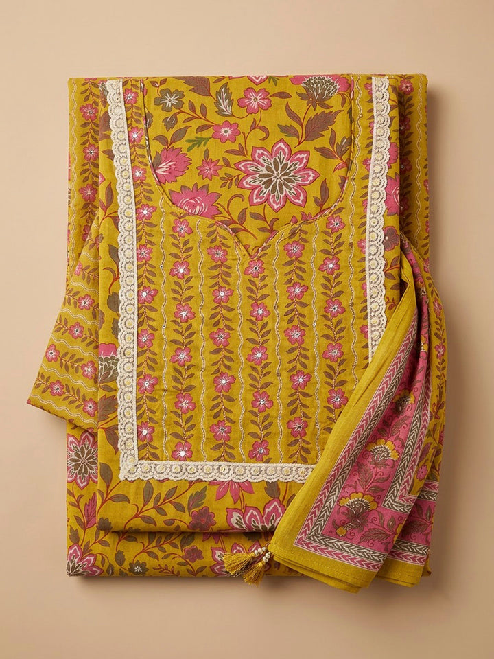 Mustard Cotton Blend Printed Unstitched Dress Material