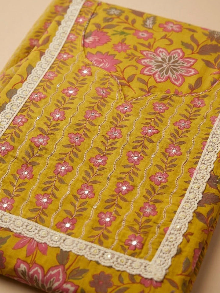 Mustard Cotton Blend Printed Unstitched Dress Material