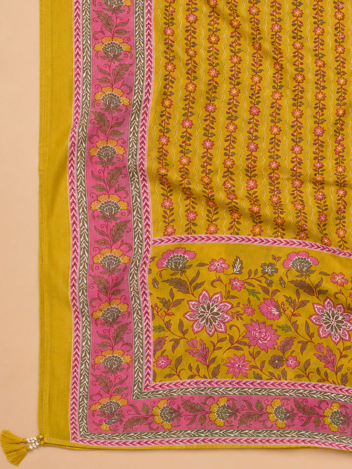 Mustard Cotton Blend Printed Unstitched Dress Material