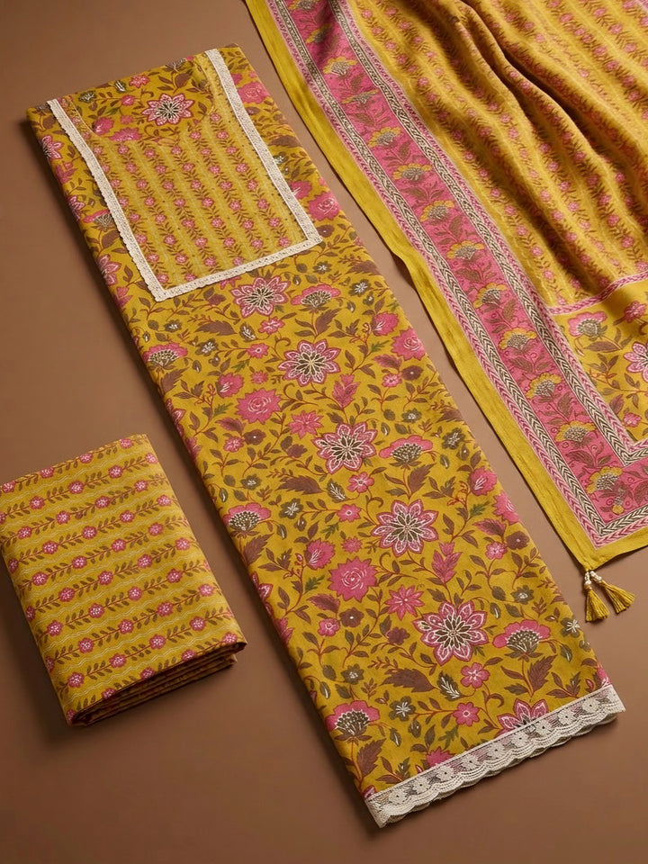 Mustard Cotton Blend Printed Unstitched Dress Material