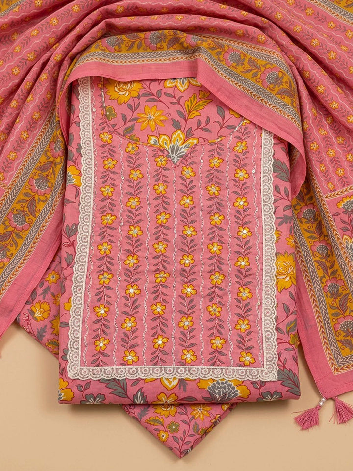 Pink Cotton Blend Printed Unstitched Dress Material