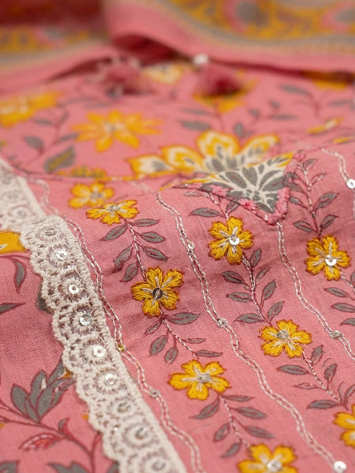 Pink Cotton Blend Printed Unstitched Dress Material