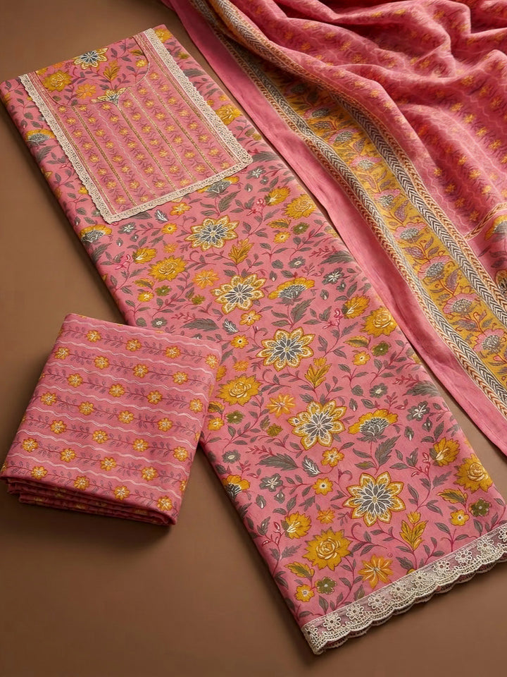 Pink Cotton Blend Printed Unstitched Dress Material