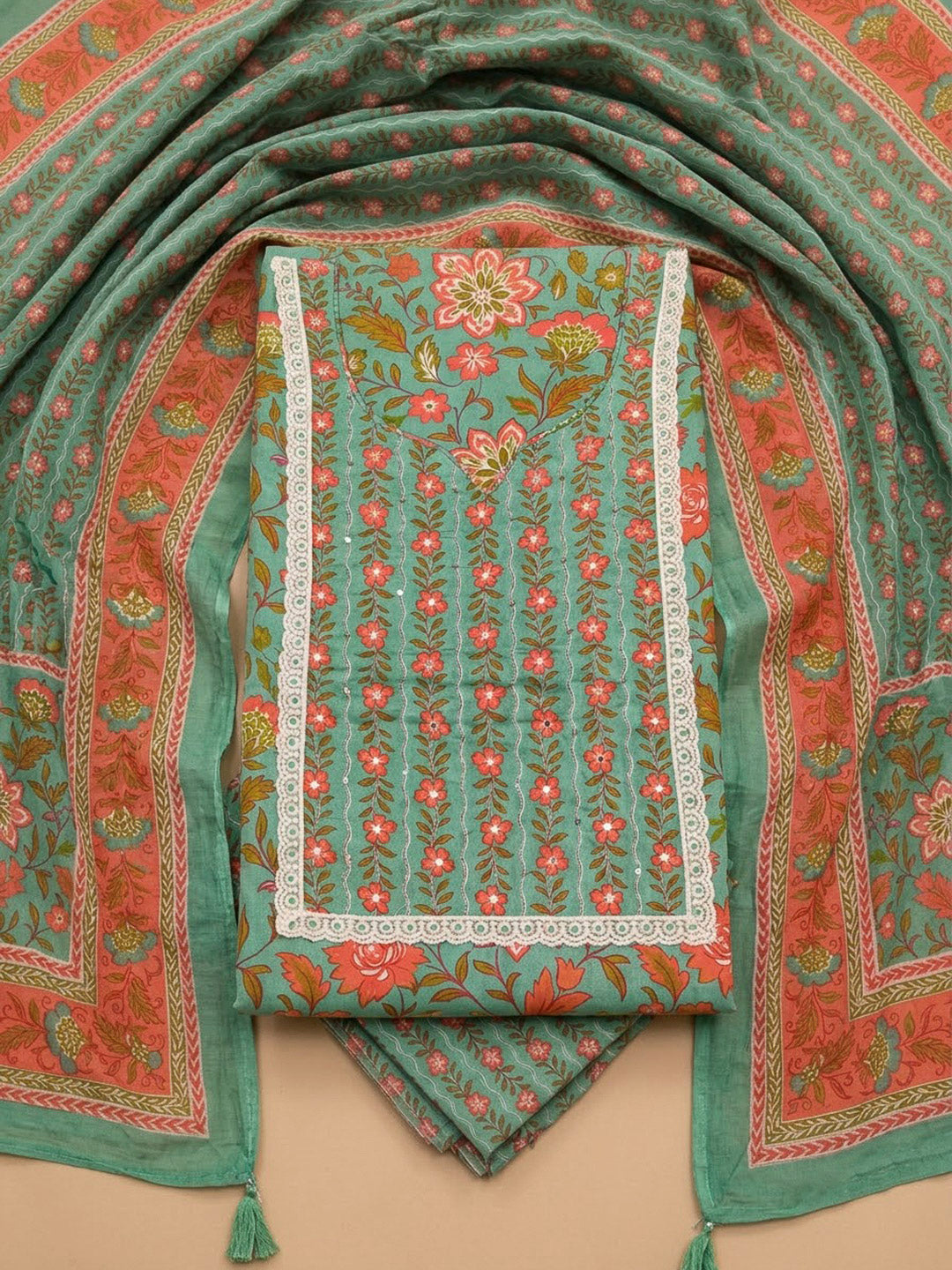 Rama Green Cotton Blend Printed Unstitched Dress Material