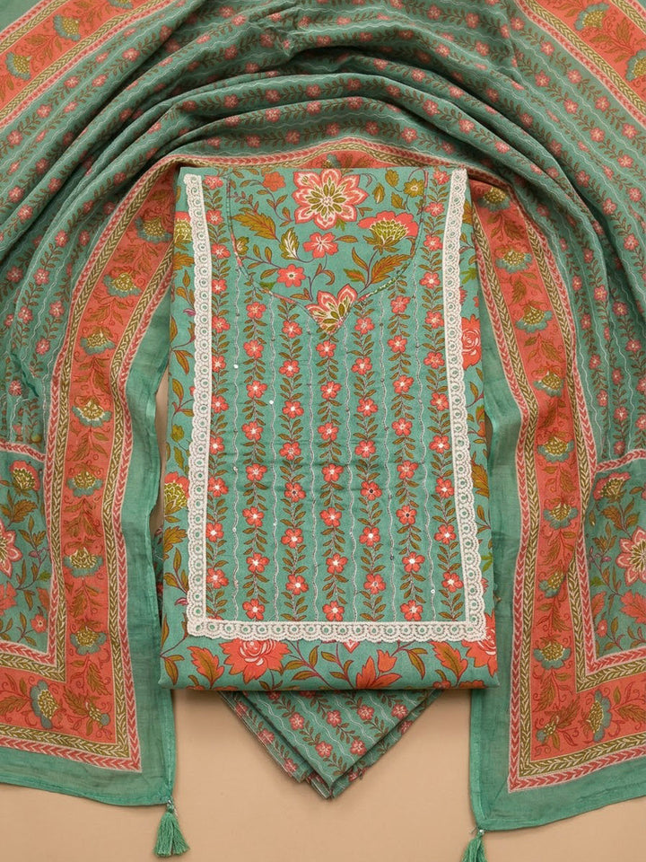 Rama Green Cotton Blend Printed Unstitched Dress Material
