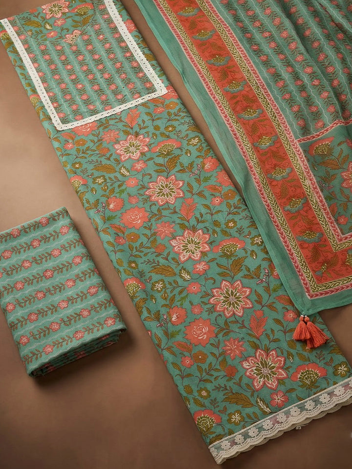 Rama Green Cotton Blend Printed Unstitched Dress Material