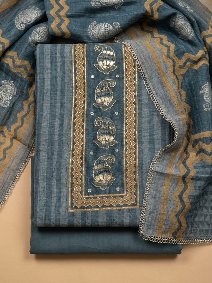 Blue Printed Chanderi Unstitched Dress Material
