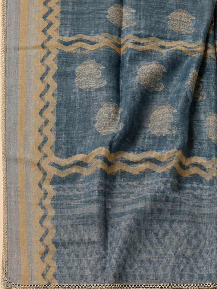 Blue Printed Chanderi Unstitched Dress Material