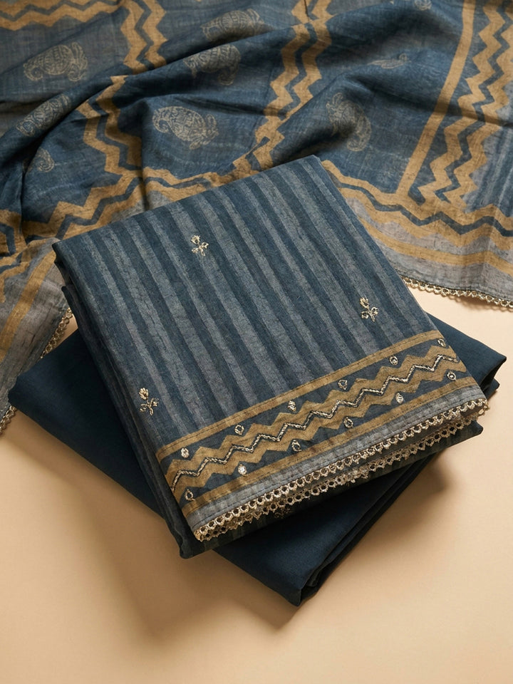 Blue Printed Chanderi Unstitched Dress Material