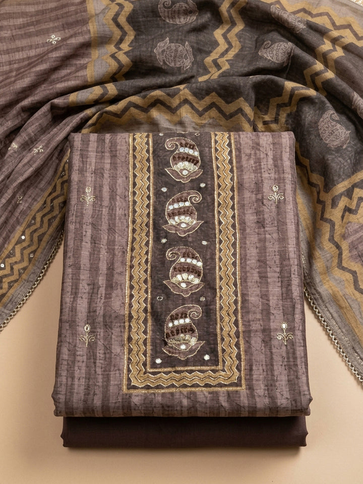 Brown Printed Chanderi Unstitched Dress Material