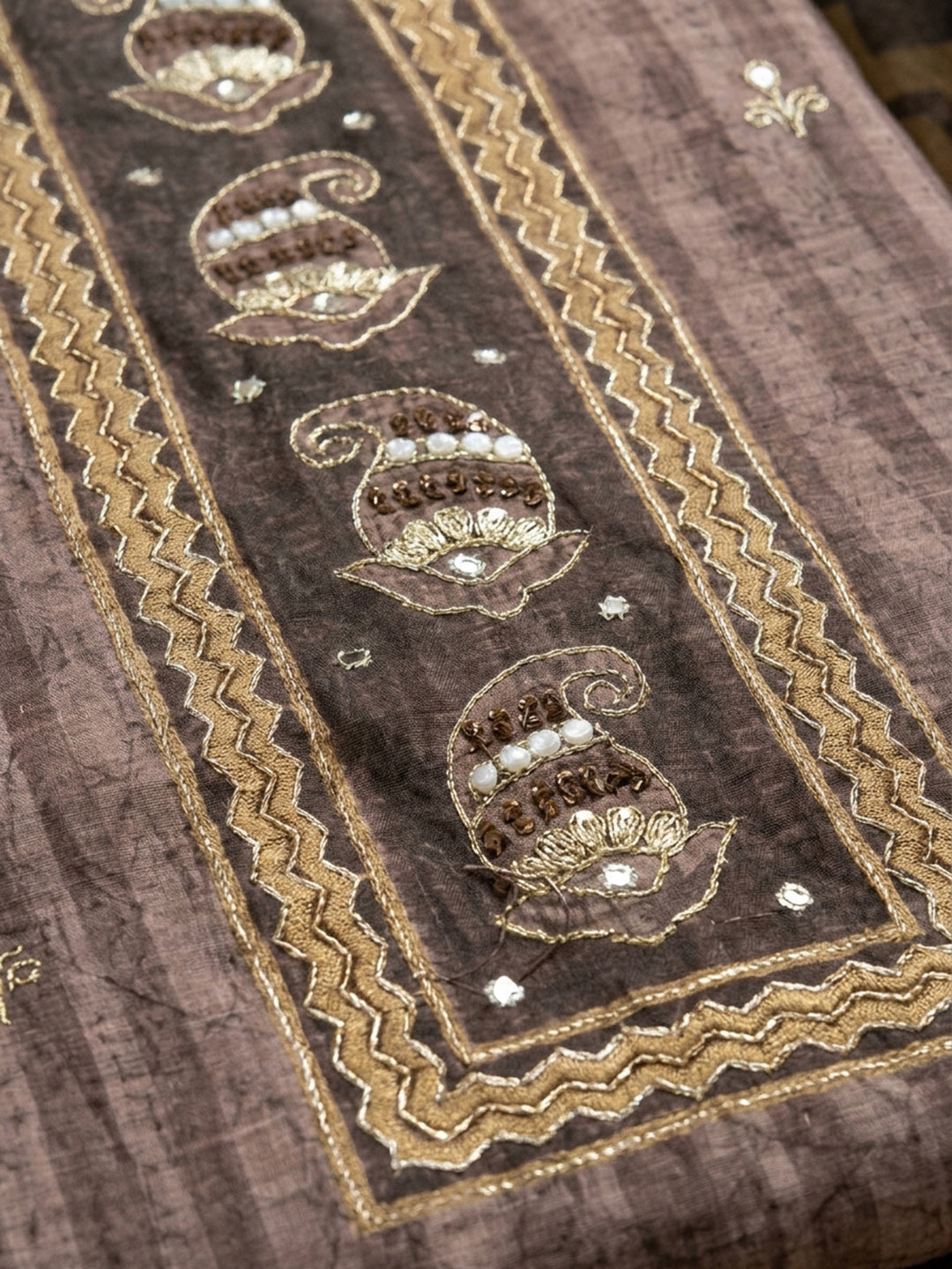Brown Printed Chanderi Unstitched Dress Material