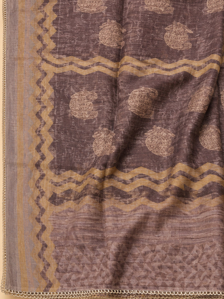 Brown Printed Chanderi Unstitched Dress Material