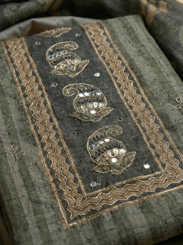 Green Printed Chanderi Unstitched Dress Material