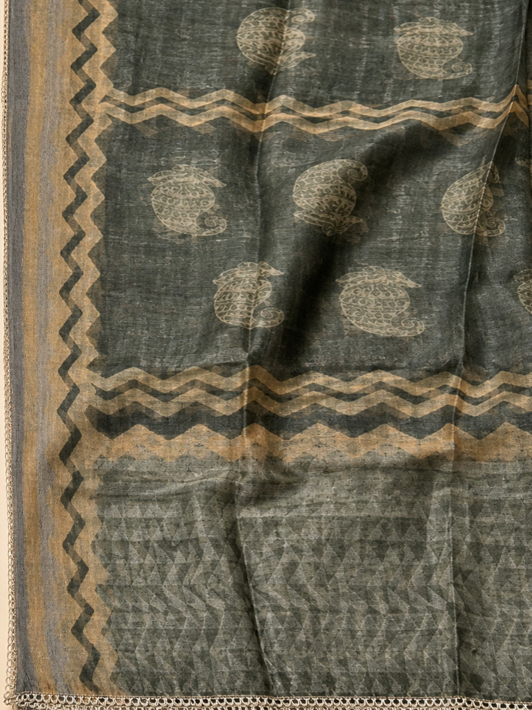 Green Printed Chanderi Unstitched Dress Material