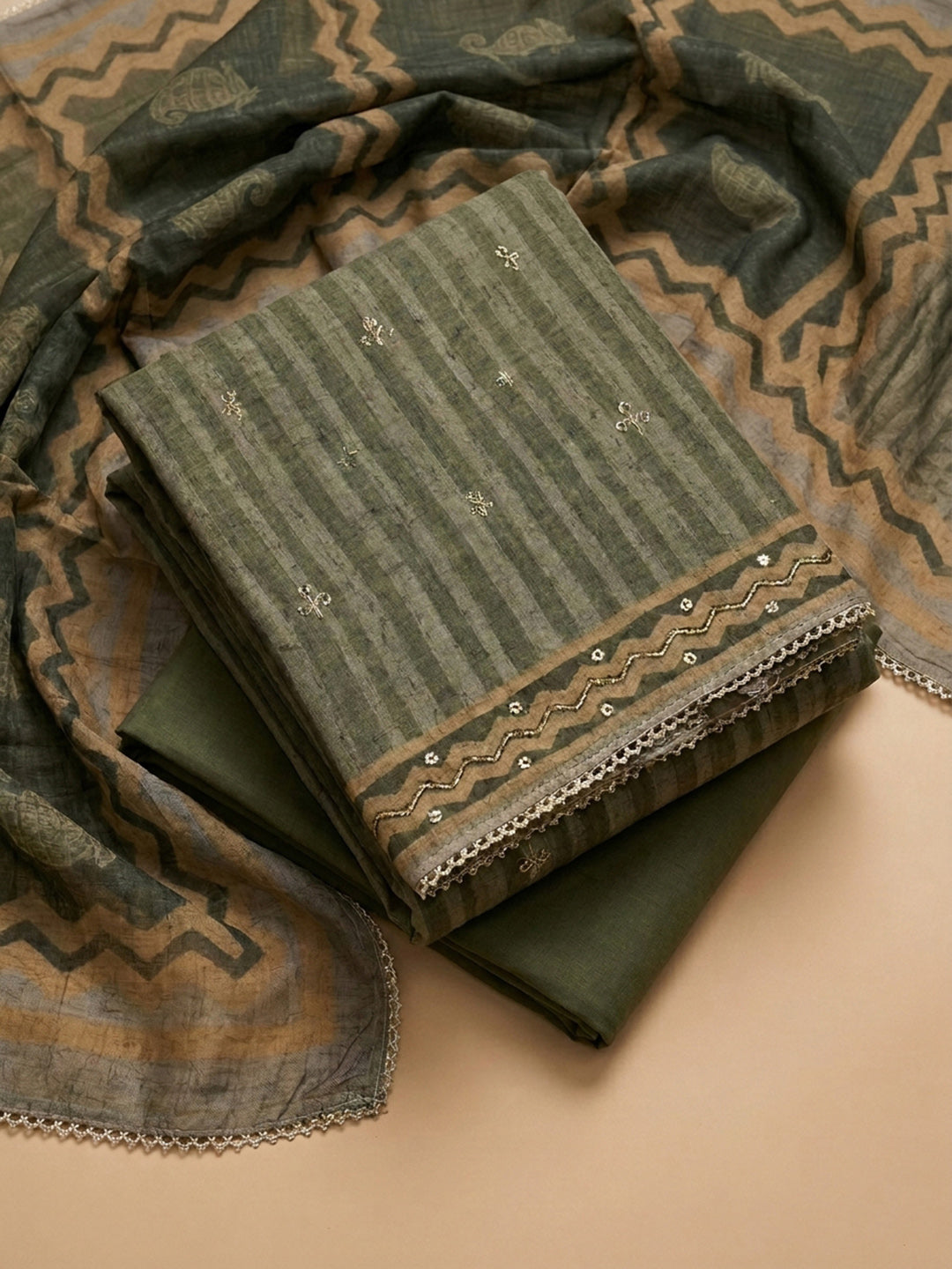 Green Printed Chanderi Unstitched Dress Material