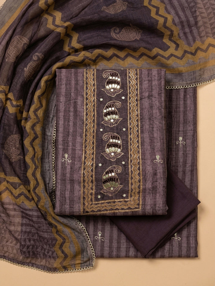 Wine Printed Chanderi Unstitched Dress Material
